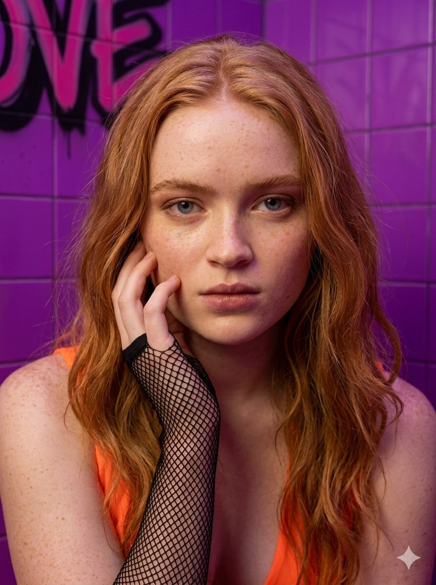 Neon Orange Elegance in a Graffiti Corner