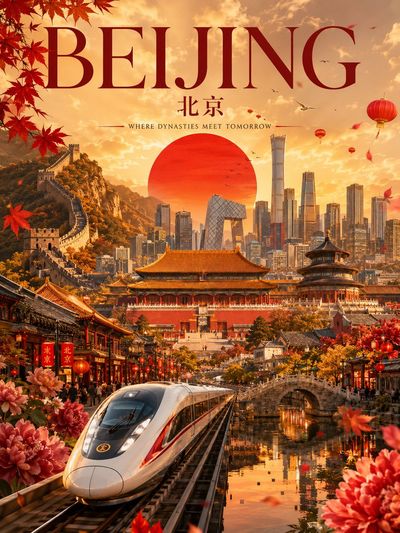 Tokyo's crimson sun glows above a bullet train racing home