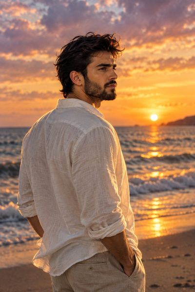 Handsome young man gazes at golden sunset on peaceful beach