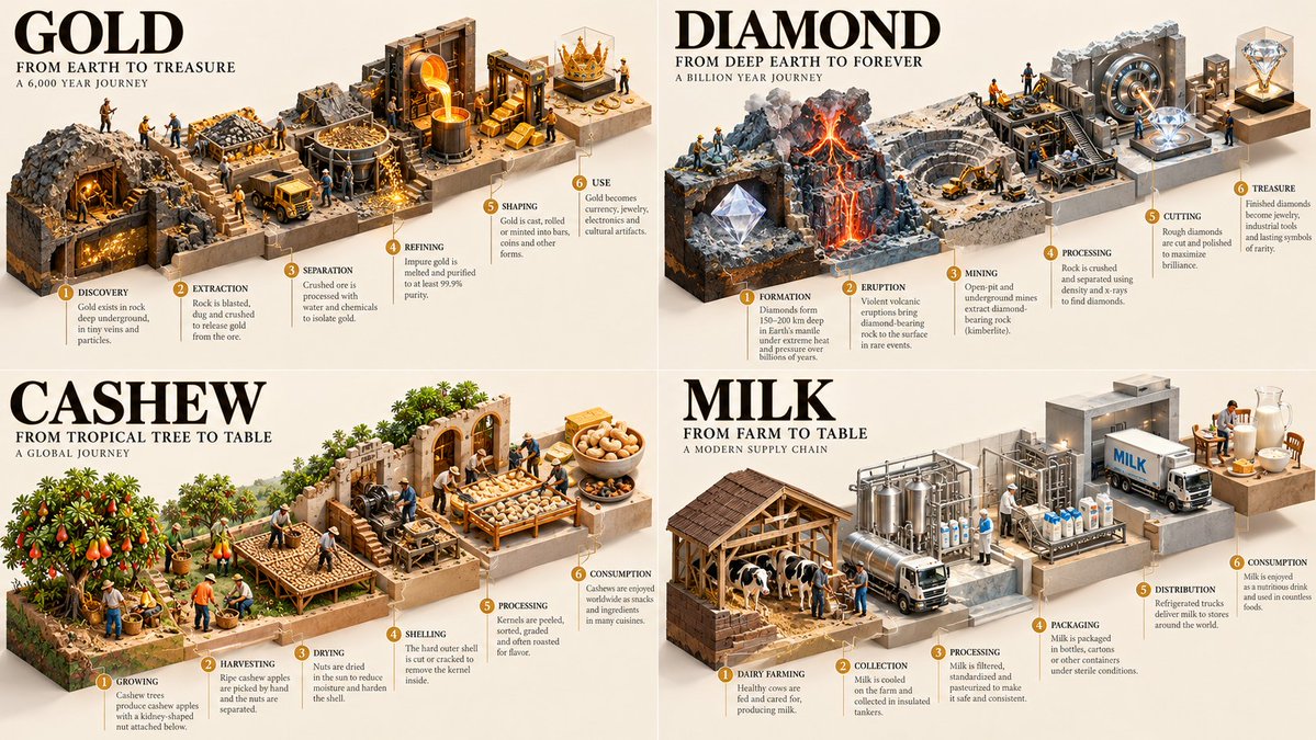 Isometric diorama shows gold supply chain from mine to market in five stages