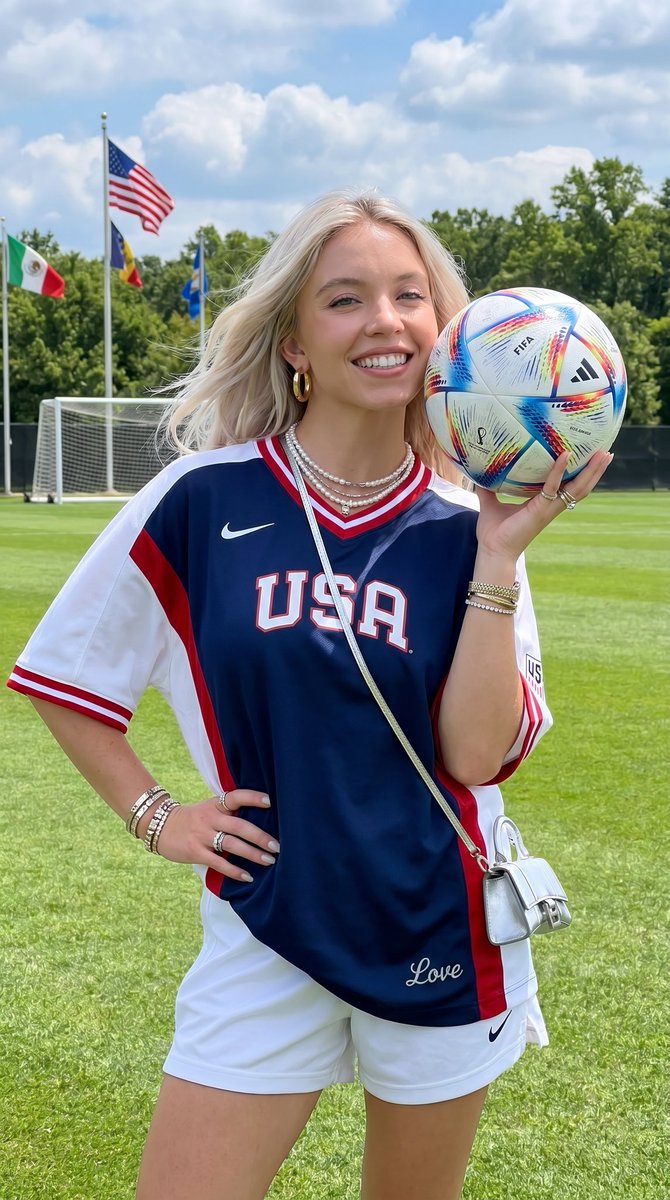 Sydney Sweeney poses with soccer ball on sunny field.