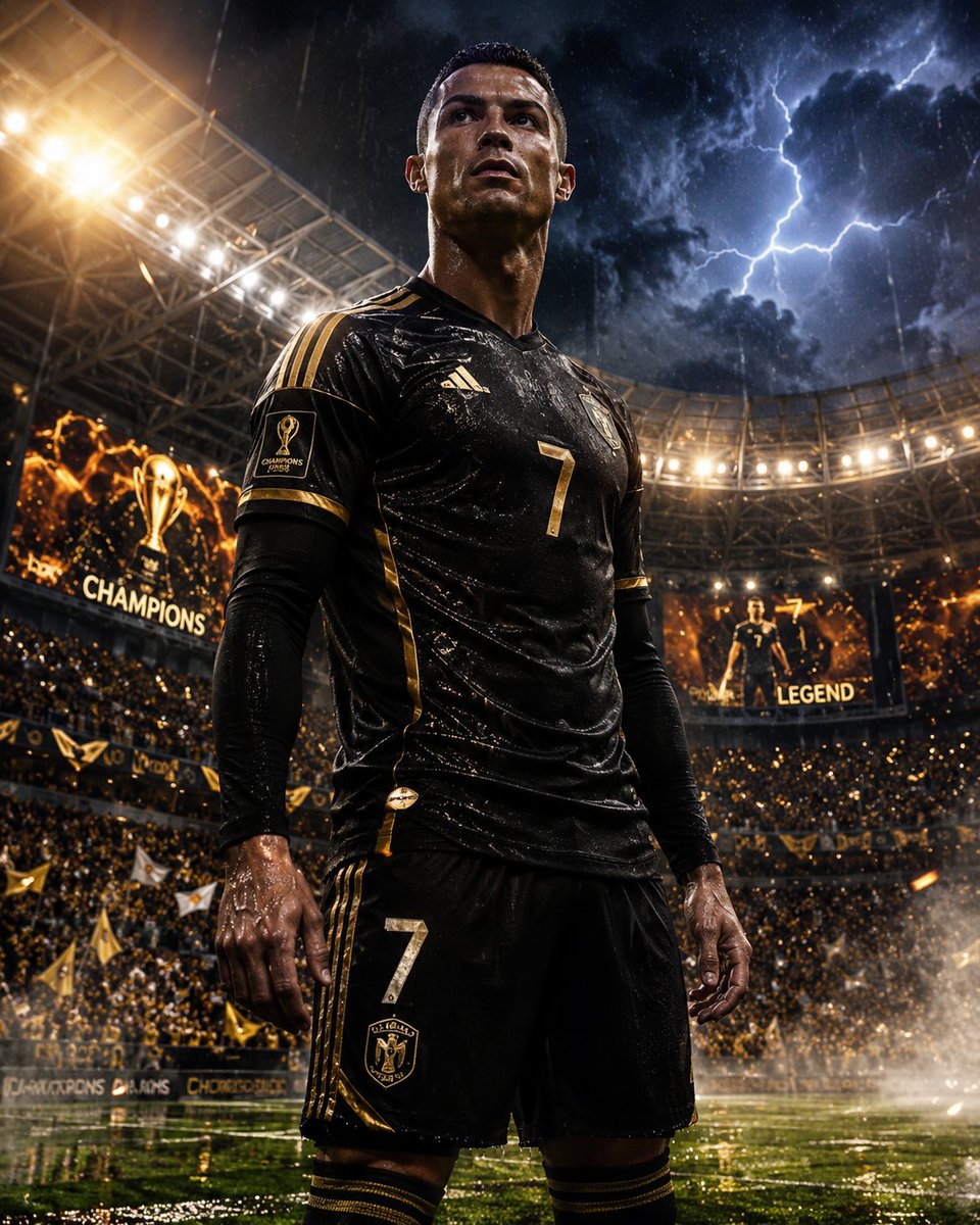 Legendary striker stands alone under stormy stadium lights before kickoff