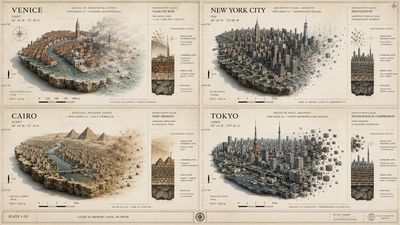 Floating city specimens disassemble on an archival atlas page