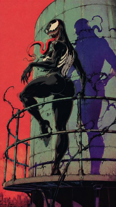 Venomous woman looms in a diner with 1990s comic grit