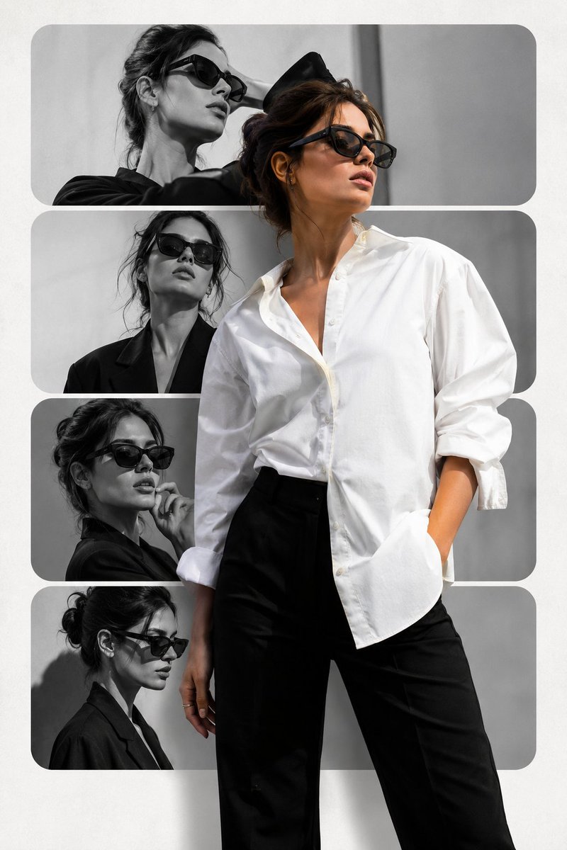 A stylish woman poses in monochrome panels before her color portrait