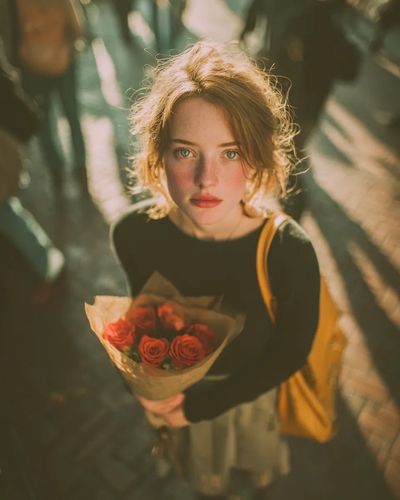 Golden Hour Gaze with Crimson Roses