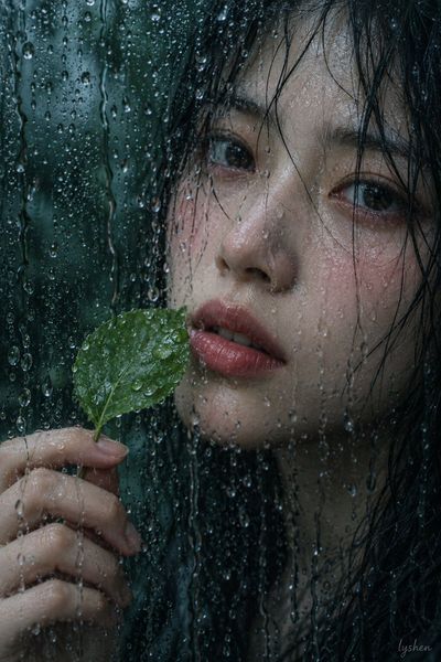 Wet Glass Portraits Capture Young Woman Holding Green Leaf