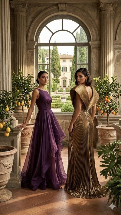 Two women in elegant gowns pose in a sunlit Italian loggia.