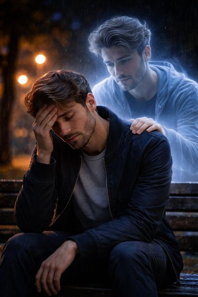 Silent Solace: A Man’s Inner Spirit Comforts Him in Rainy Night