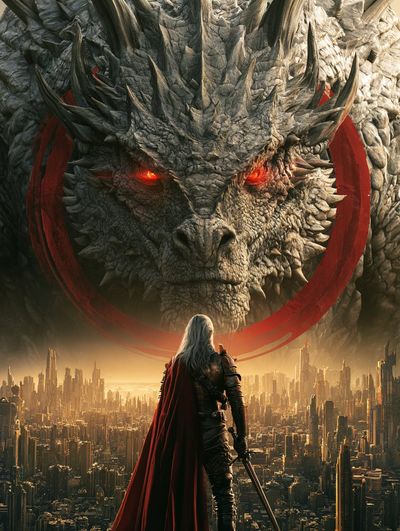 Silver-haired swordsman stands before a grey dragon in a golden city