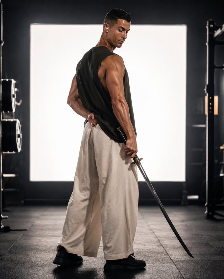 A muscular man in a gym turns his head while holding a katana