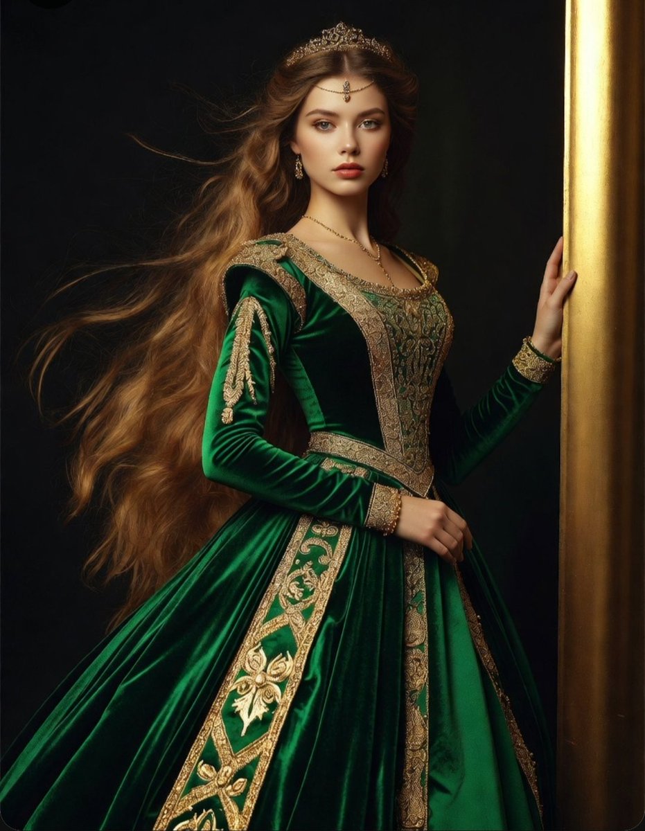 Emerald-clad queen leans against golden pillar in dramatic light