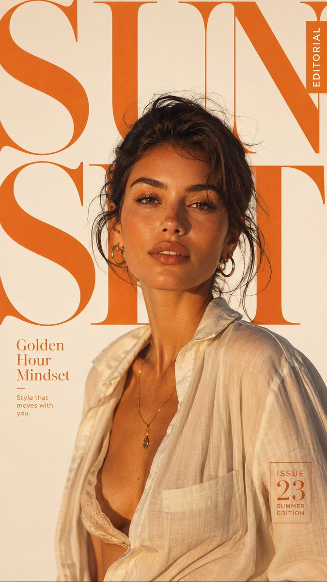 Sunset orange typography frames a confident fashion model