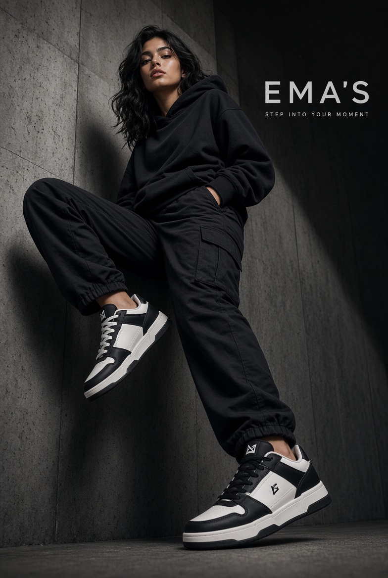 Confident Woman Poses in Black Streetwear Against Concrete Wall