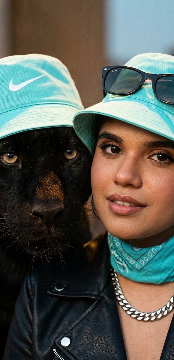 Night Duo: Woman and Panther in Urban Glow