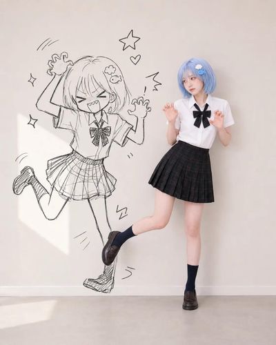 A woman strikes a playful pose with her doodle shadow on the wall