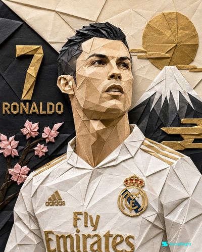 Origami paper portrait of Ronaldo in gold and black folds