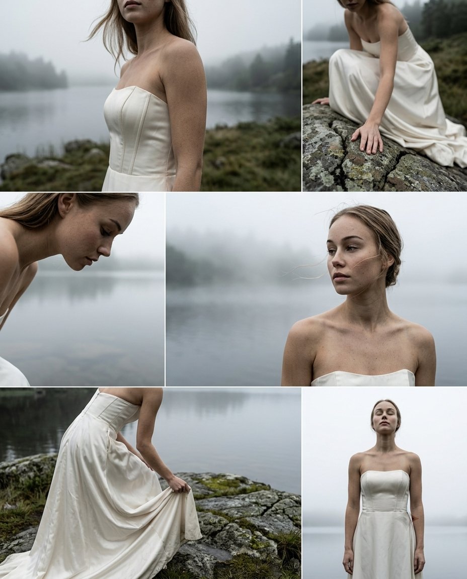 Woman in off-white gown stands before misty lake in fog