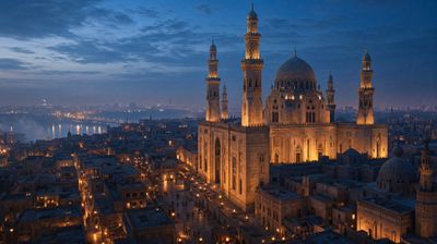 Cairo's Sultan Hassan Mosque glows with oil lamps under a blue twilight sky.