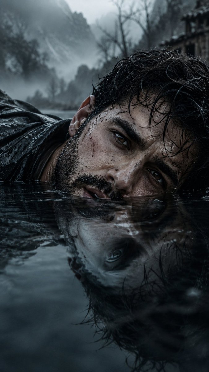 A woman's half-submerged face reflects hauntingly in a cold lake
