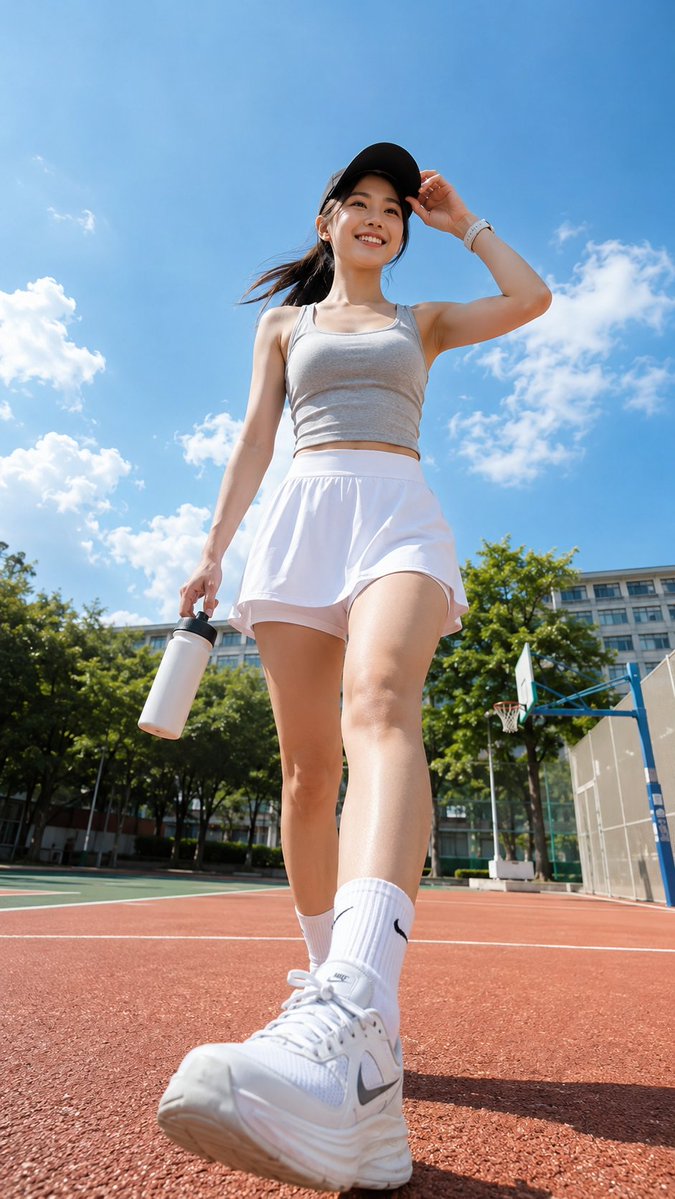 A student ties her sneaker on sunny campus steps