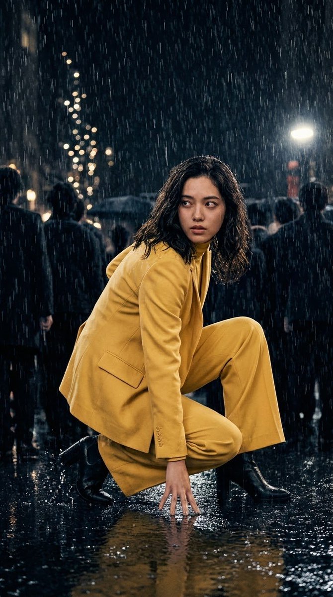 Woman in Yellow Suit Stands Firm Amid Rainy Night Crowd