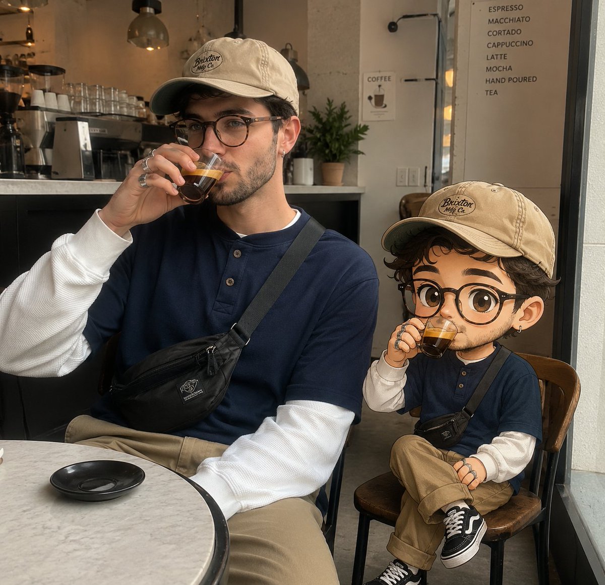 Young man sips espresso with his chibi twin in a café