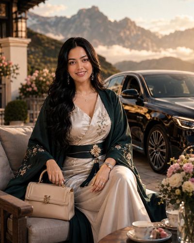 Elegant woman in ivory gown poses beside luxury SUV