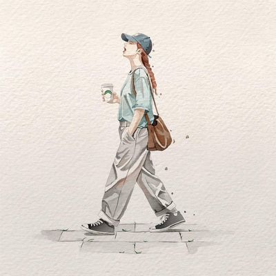 A stylish young woman walks confidently with coffee in hand.