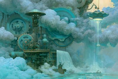 Ethereal steampunk dream engine floats through swirling pastel vapor clouds.