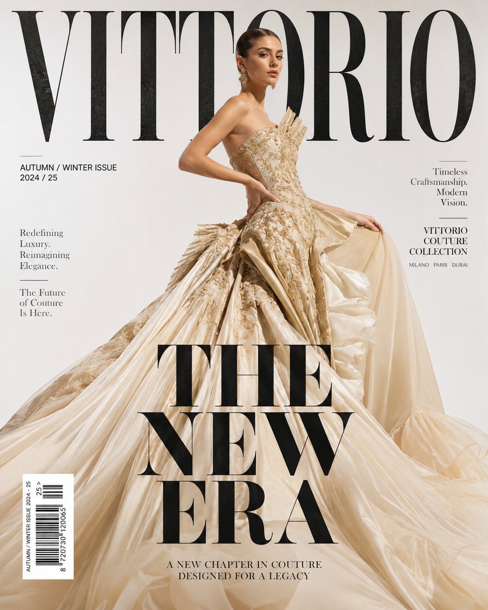 Supermodel in champagne gown poses for VITTORIO magazine cover