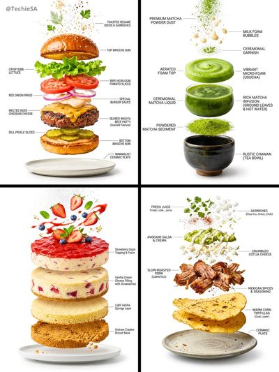A croissant's flaky layers float in an exploded infographic