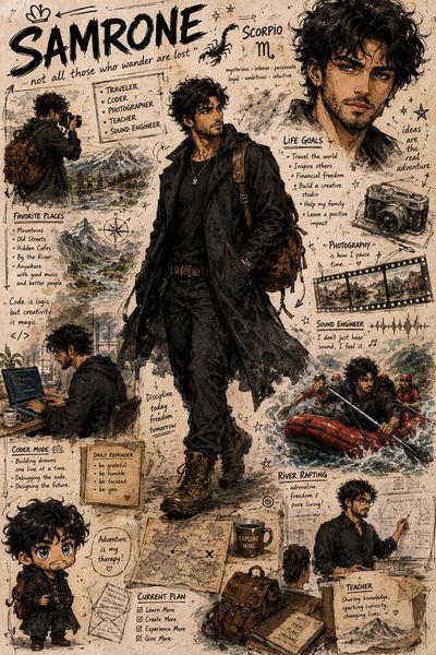 Samrone's character sheet features watercolor sketches and handwritten notes