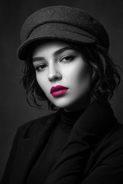 Monochrome Portrait With Vivid Magenta Lips And Newsboy Cap