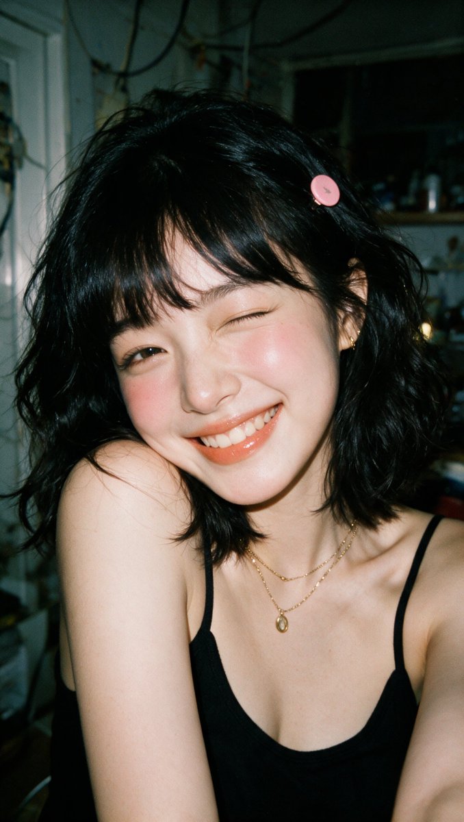 Young woman with wavy hair winks playfully in warm golden light