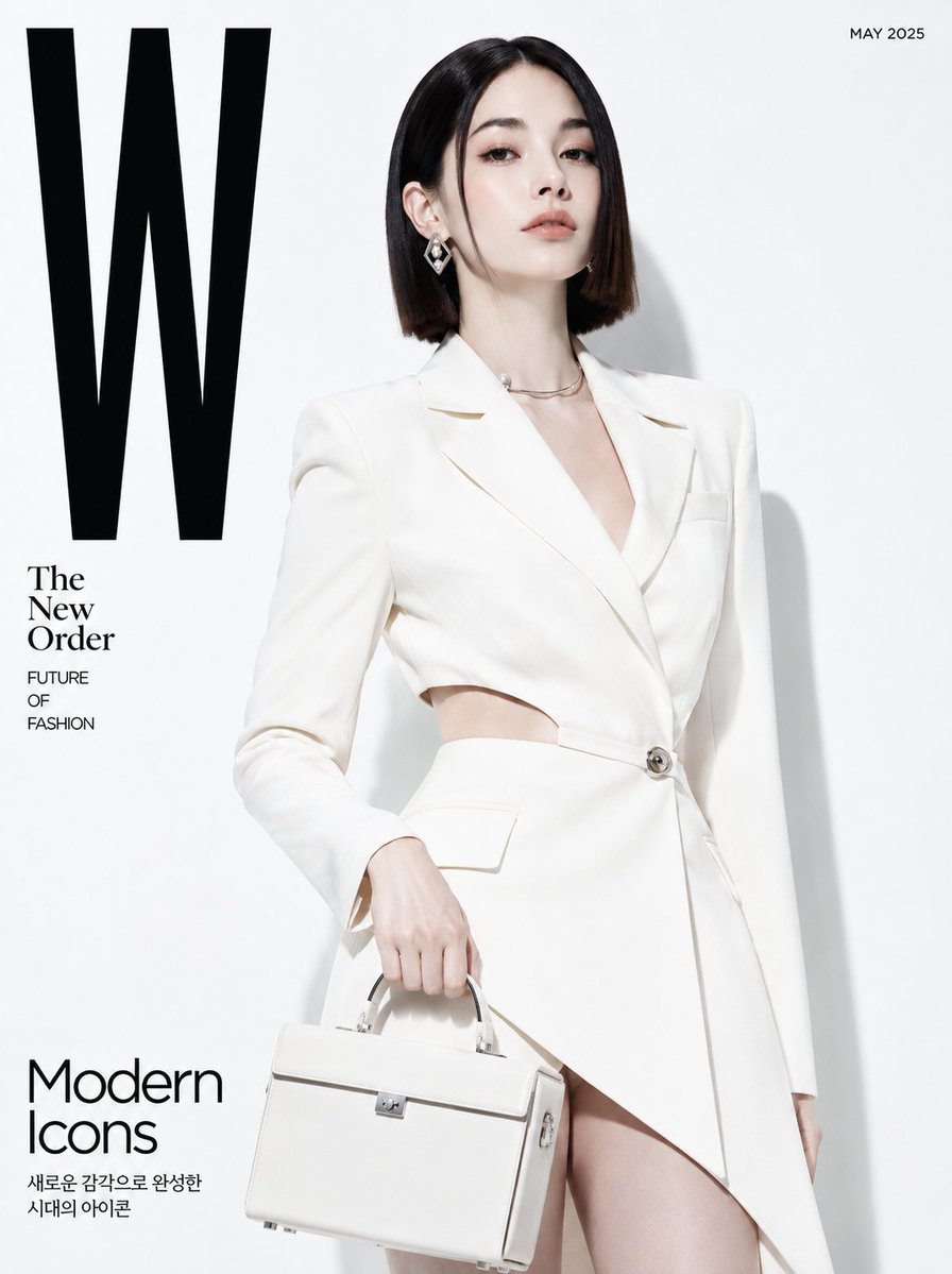 Korean model poses in sharp white blazer-dress on pure white studio