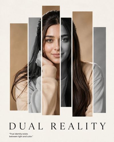 A single face revealed through six alternating color panels