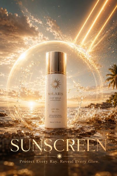 Luxury sunscreen bottle deflects sunlight on tropical shoreline