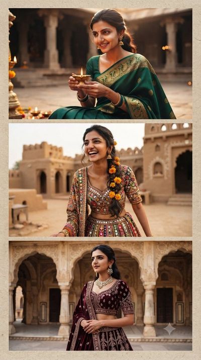 Indian woman in three traditional styles from temple to palace