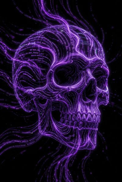 Electric purple code lines shape a human skull in darkness