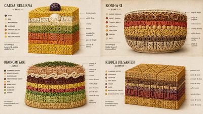 Deconstructed burger layers stacked as typography in letterpress style