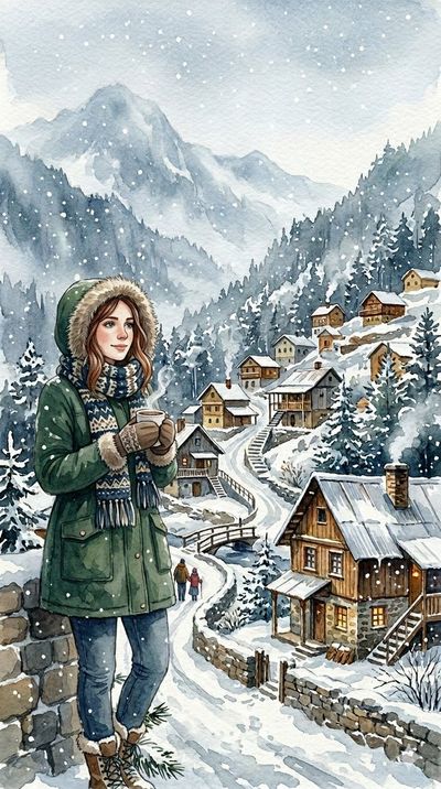 Woman in green parka savors hot cocoa in snowy alpine village