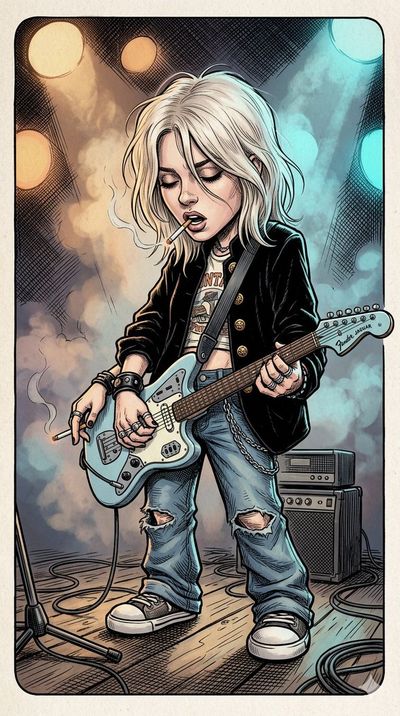 A platinum blonde rocker plays her guitar with emotional intensity