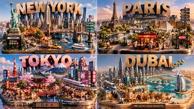 Glossy miniature diorama of Paris with tiny chibi figures and 3D title blocks