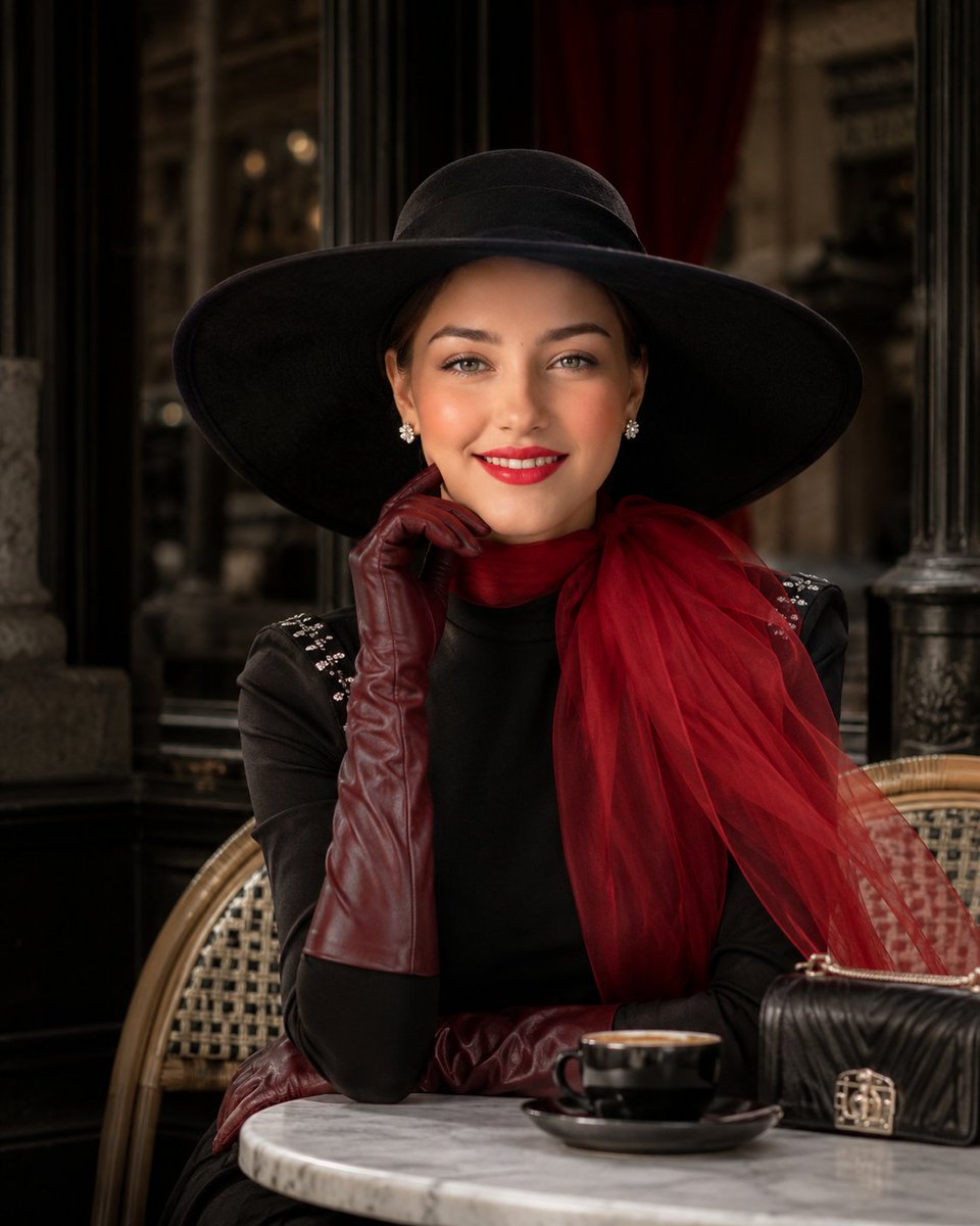 Elegant woman in black hat and red scarf poses confidently