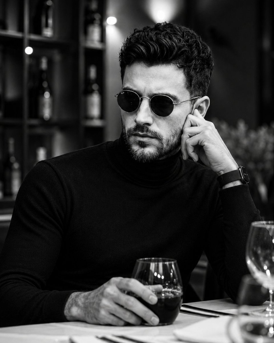 A contemplative gentleman in a turtleneck sips red juice