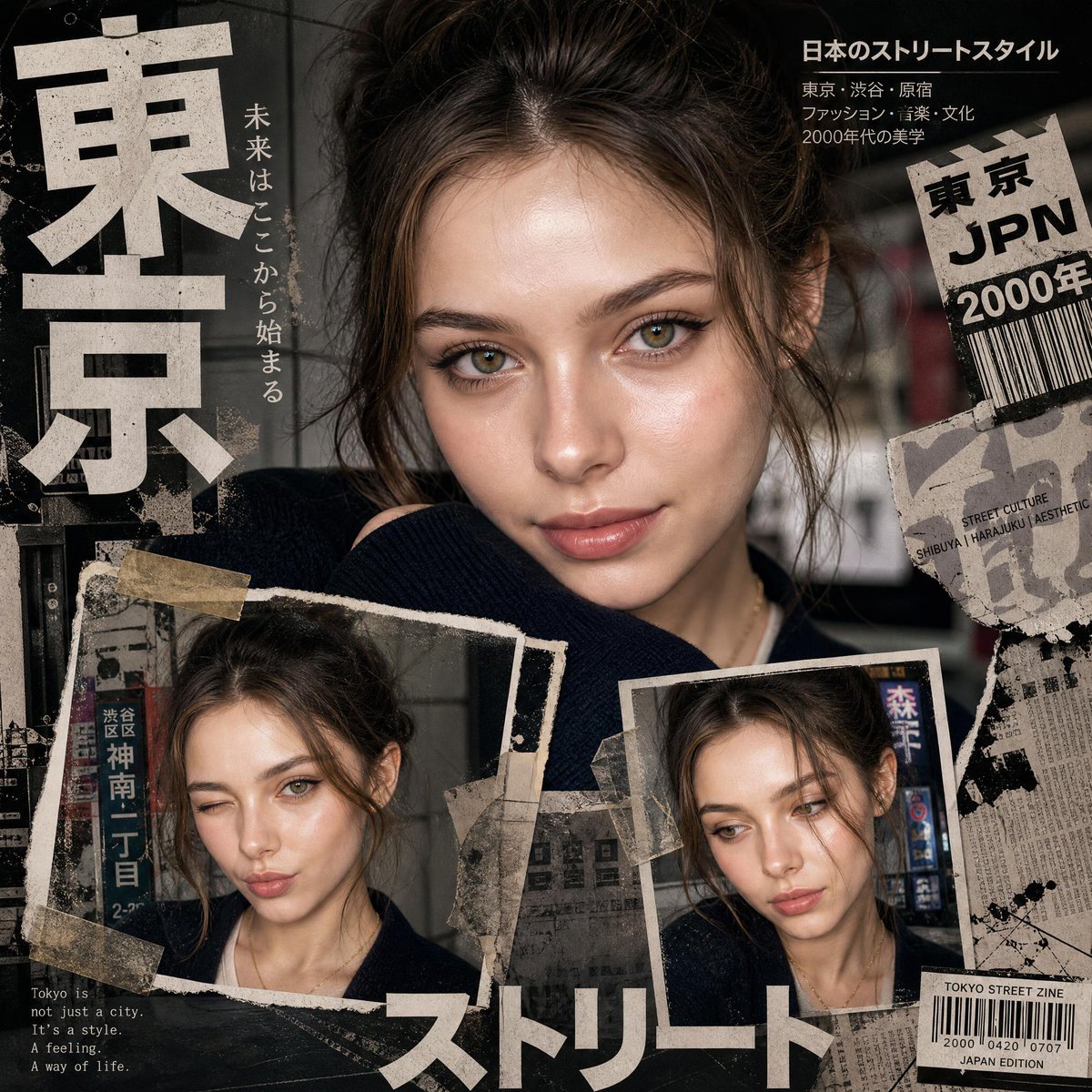 A cinematic close-up portrait dominates this gritty Tokyo editorial collage