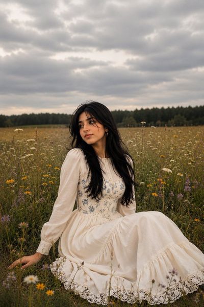 Woman in vintage ivory dress sits gracefully in wildflower meadow