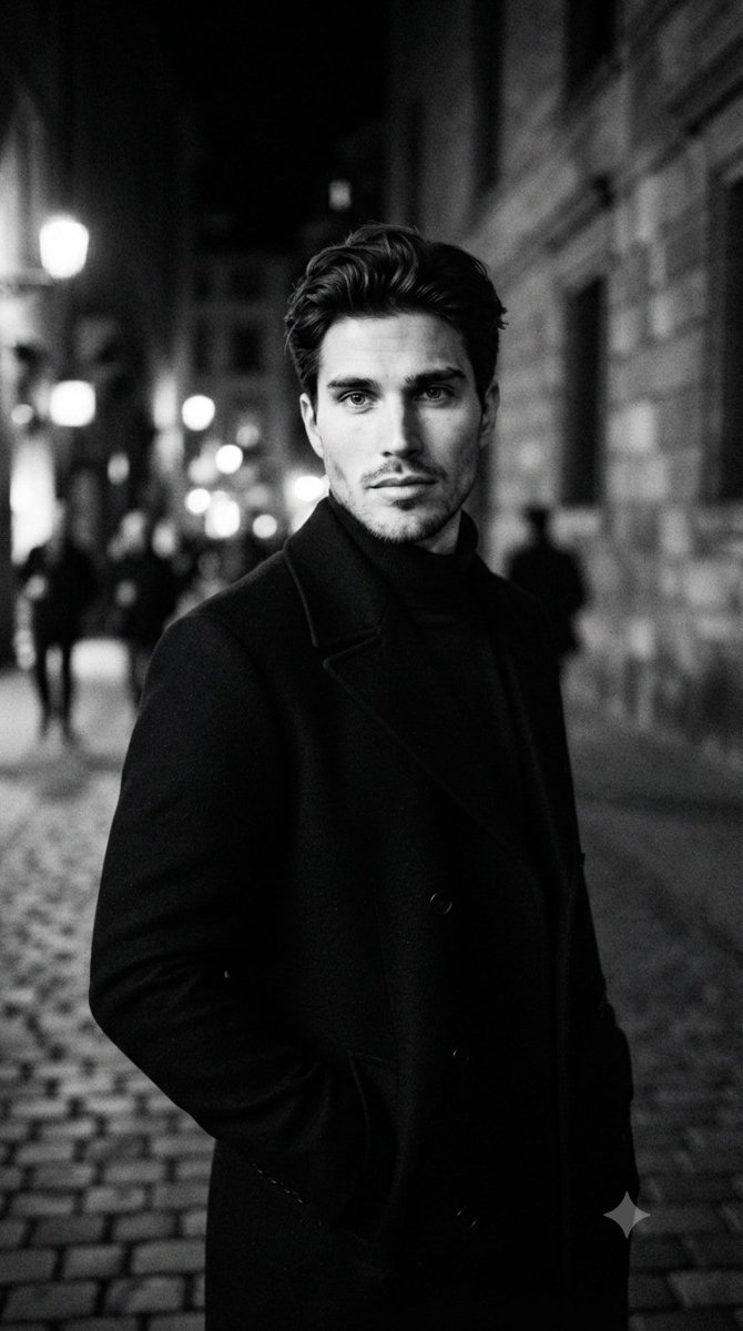 A handsome man in a black turtleneck poses on a rainy street at night.