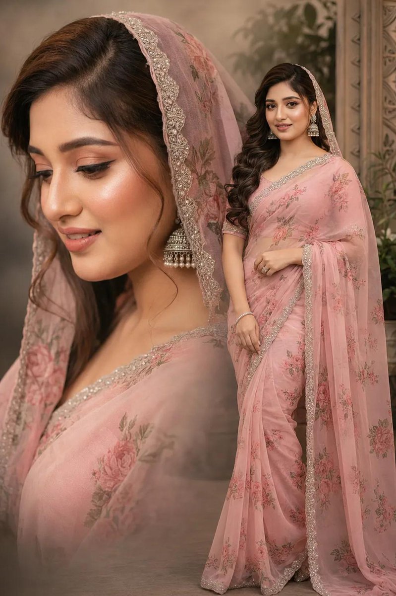 South Asian bride in blush saree poses with poised elegance